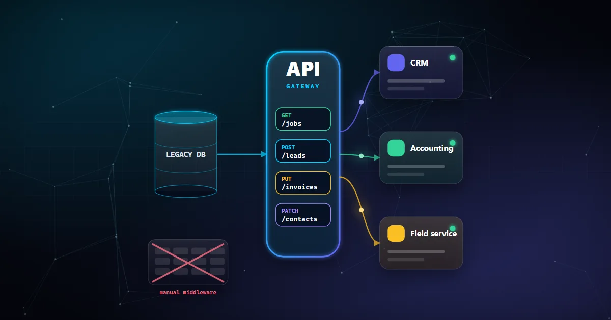 API gateway connecting a legacy database to CRM, accounting and field-service apps