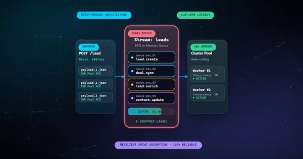 Illustration of an event-driven system architecture with Redis and n8n