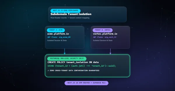 Isometric 3D system diagram illustrating multi-tenant SaaS architecture with Next.js and Supabase
