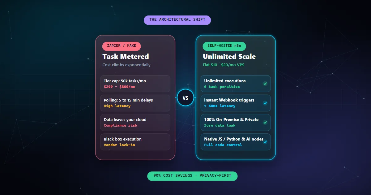 Comparison between Zapier task metering and self-hosted n8n unlimited workflow orchestration
