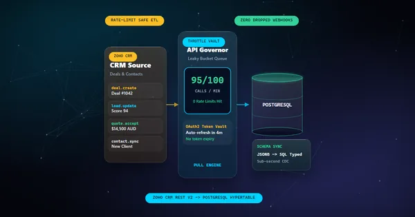 Illustration of a real-time data pipeline from Zoho CRM to PostgreSQL overcoming API limits