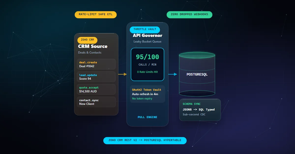 Illustration of a real-time data pipeline from Zoho CRM to PostgreSQL overcoming API limits